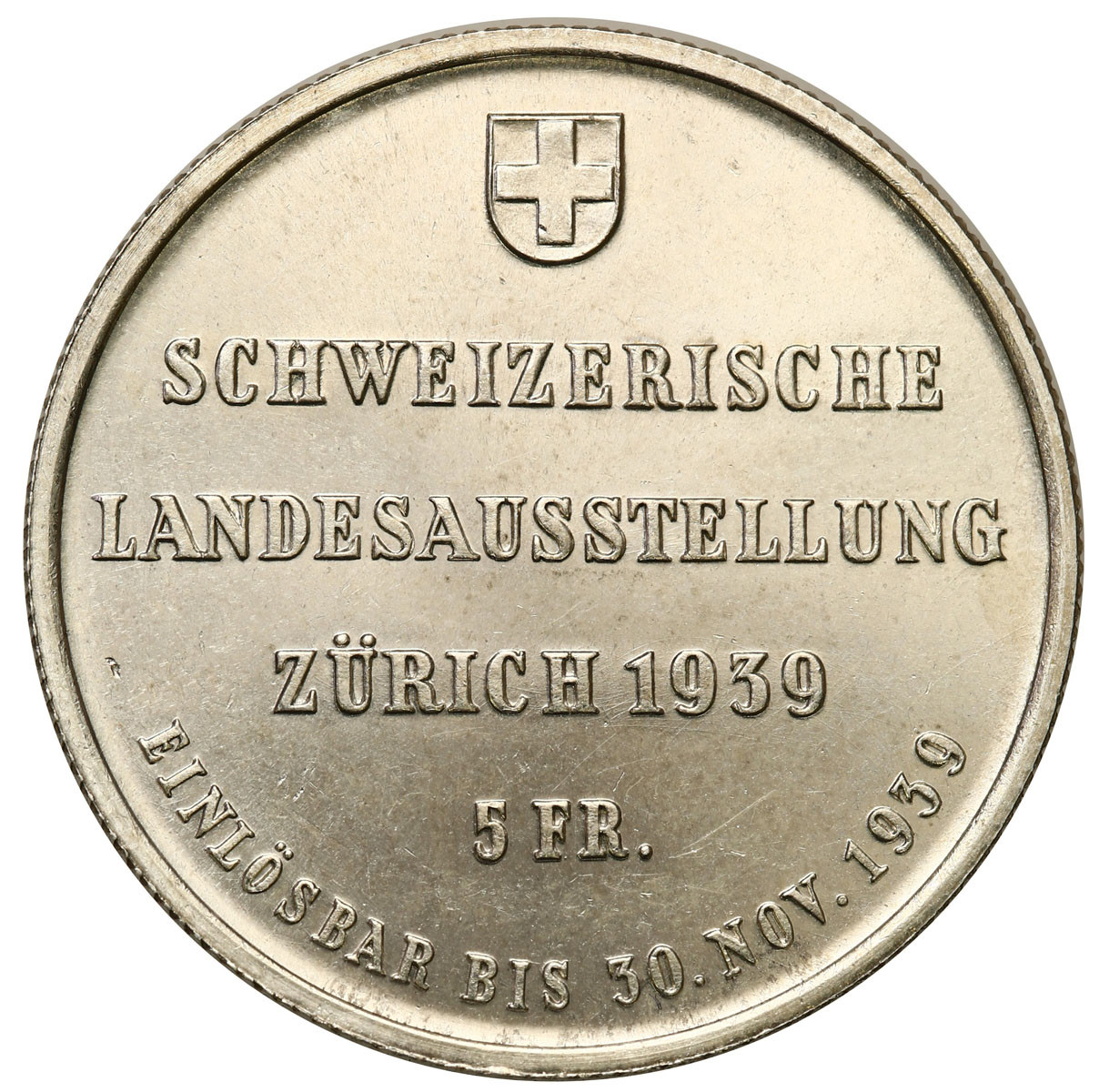 Szwajcaria. 5 franków 1939, Berno, Wystawa w Zurichu - NAKŁAD 60.000 sztuk